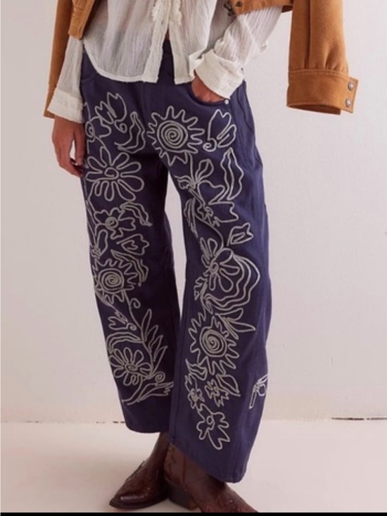 We The Free Denim - We The Free Navy Wide-Leg Pants with White Floral Embroidery